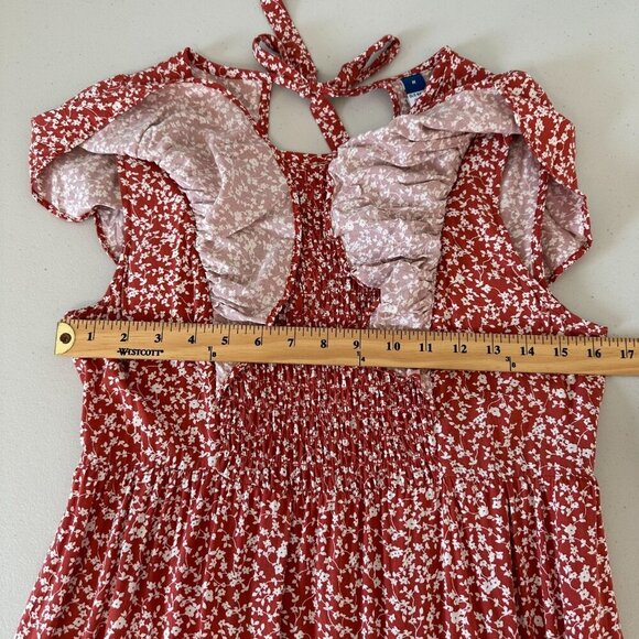 Old Navy Ruffle Sleeve Midi Dress Sz M Red Ditsy Floral Cottagecore Boho - Picture 5 of 10